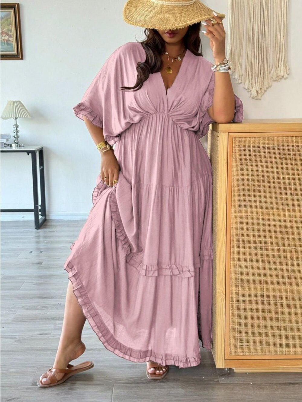 Pink Casual Women's Plus Size Boho Ruffle Trim maxi Dress - Picture 6 of 7